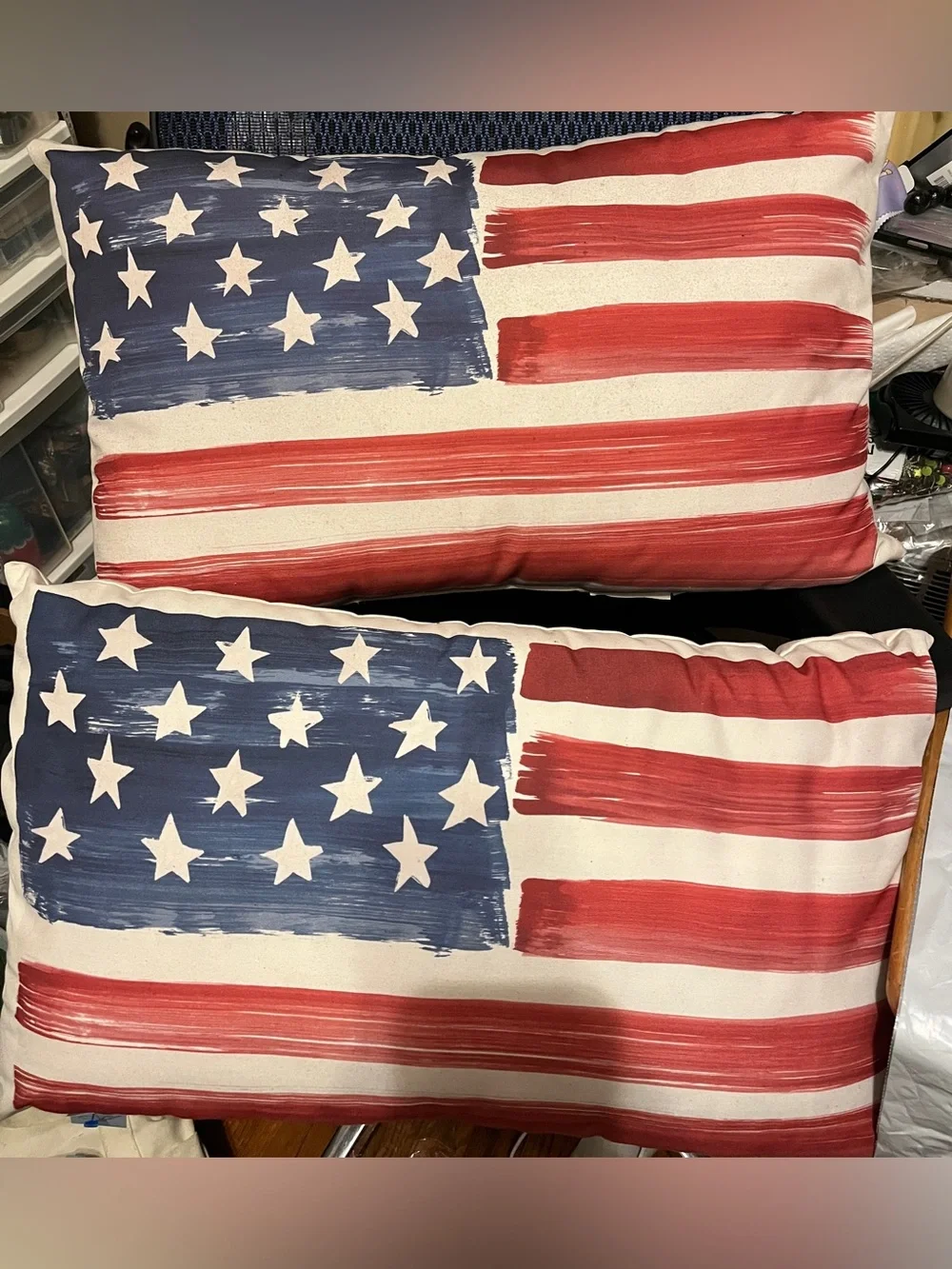 Pottery Barn Set of 2 American Flag Lumbar Pillows 24x14 Discontinued Patriotic